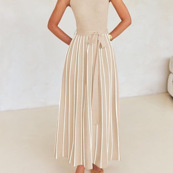 Women's Summer Sleeveless Maxi Dress 2025 Crewneck Ribbed Knit Tie Waist Casual - Picture 9 of 9